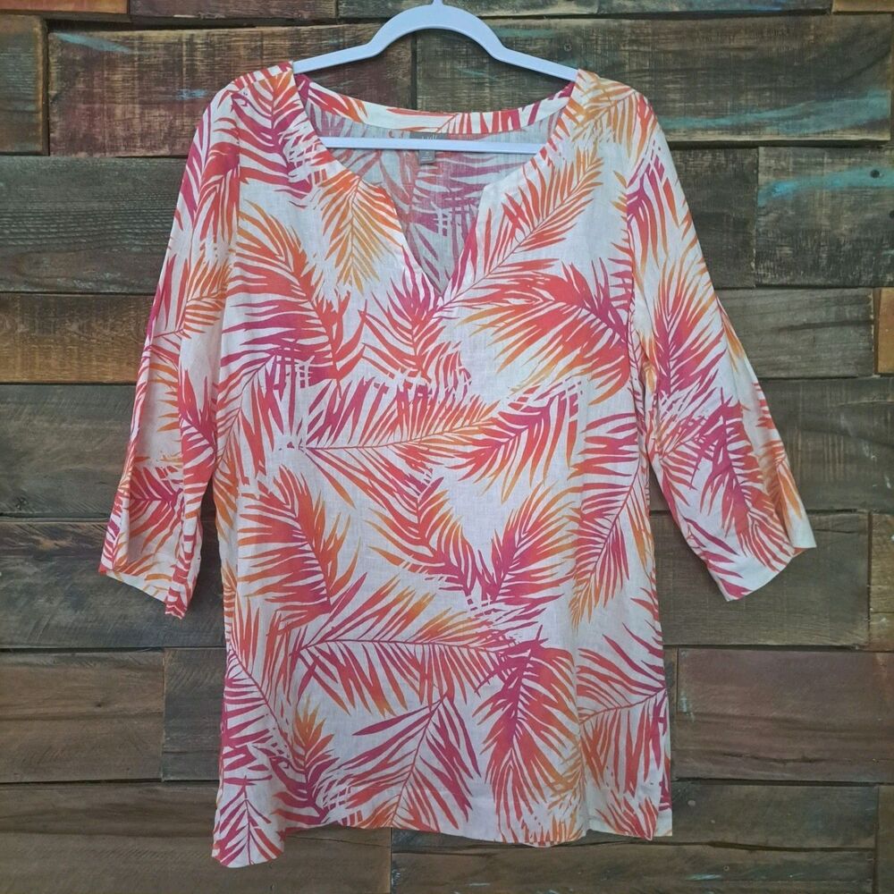 J Jill Womens Sz‎ Med Tropical Palm Leaf Floral 100% Linen Tunic Top 3/4 Sleeve